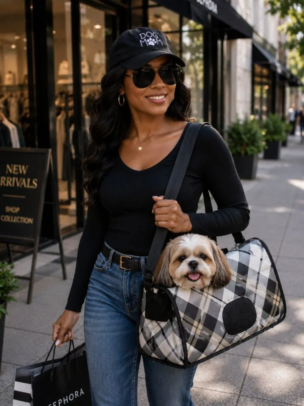 Dog Mom Cap & Stylish Plaid Pet Carrier Bundle